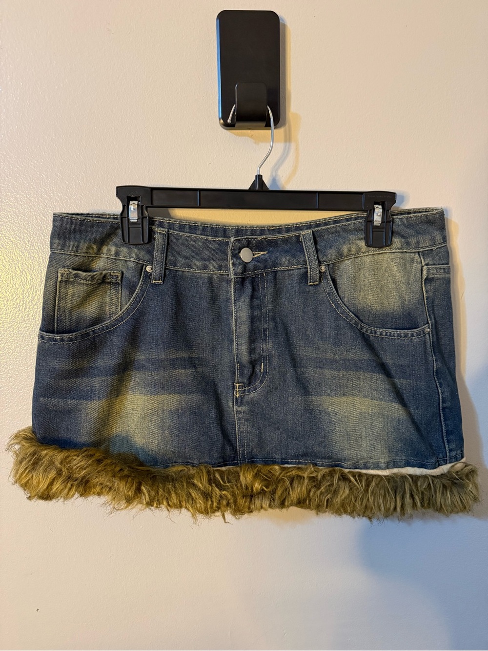 SHEIN Blue Denim Mini Skirt with Faux Fur Hem